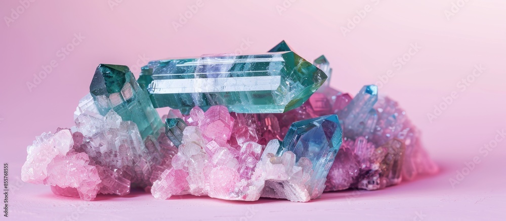 Poster tourmaline mineral specimen stone rock geology gem crystal pastel background. with copy space image.