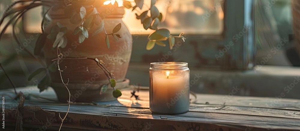 Poster home decoration rustic vintage candle, metal and glass on a table . with copy space image. place for