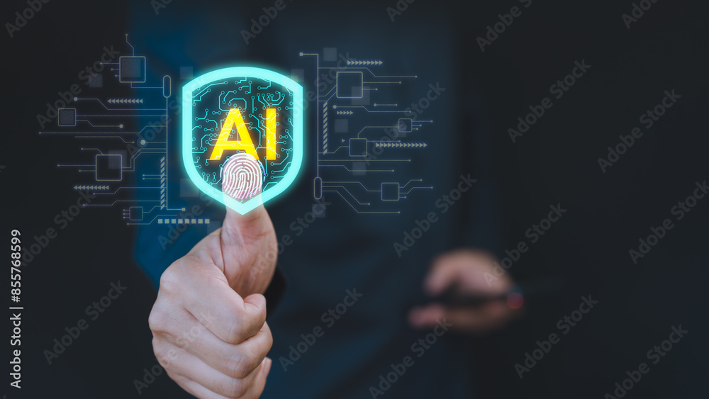 Poster customer hand touching to generate ideas with ai helping. technology ai with innovation through and 