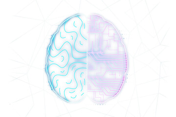 A stylized illustration of a human brain with one half circuitry on a geometric white background, reflecting the concept of artificial intelligence
