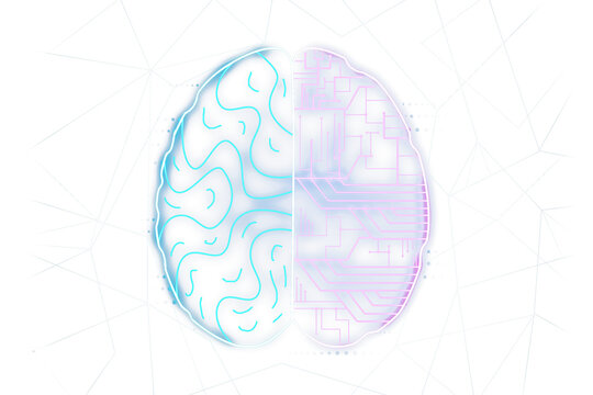 A stylized illustration of a human brain with one half circuitry on a geometric white background, reflecting the concept of artificial intelligence