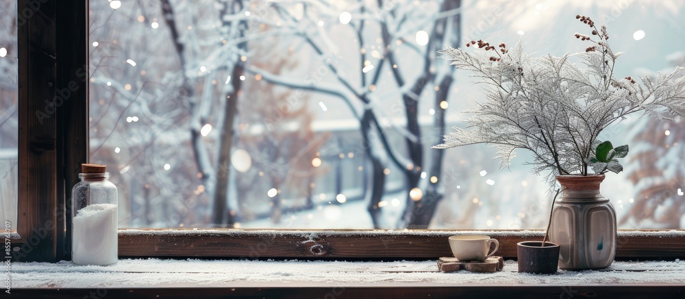 Aufkleber Window of winter and desk space . with copy space image. Place for adding text or design