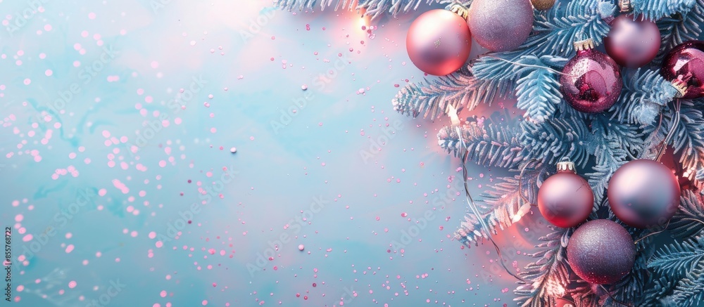 Poster baubles, lights and other decoration on christmas's tree. pastel background. with copy space image. 
