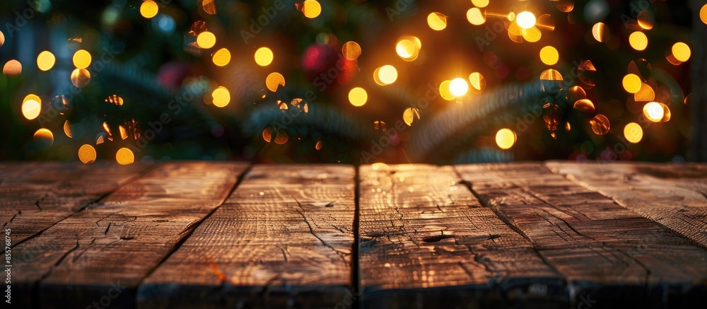 Poster rustic wood table in front of christmas light night. with copy space image. Place for adding text or design
