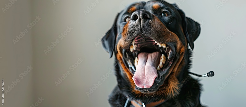 Aufkleber dog vet keeps stethoscope in his teeth. with copy space image. place for adding text or design