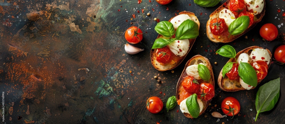 Aufkleber bruschetta with roasted tomatoes, mozzarella cheese, garlic and basil. copy space image. place for a