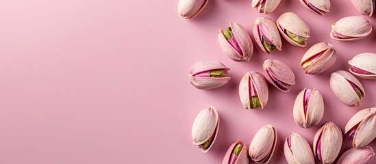 Fototapeta premium Pistachios close up. Isolated on a pastel background. with copy space image. Place for adding text or design