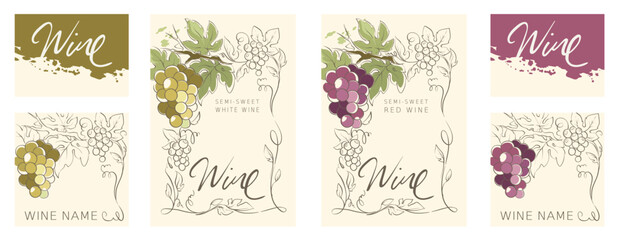 Collection labels for white and red wines. Vector illustrations, set of backgrounds with grapes and watercolor brushstrokes.