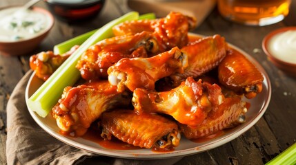 A plate of crispy chicken wings tossed in buffalo sauce, served with celery sticks and blue cheese dressing
