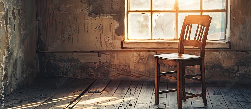 Poster vintage wooden chair near window. with copy space image. place for adding text or design