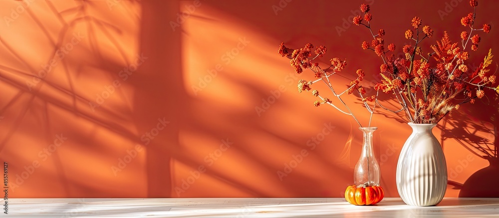 Poster Beautiful table setting and vase with autumn decor near color wall, closeup. with copy space image. Place for adding text or design