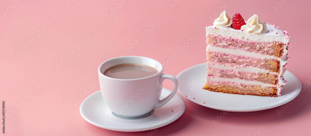 Poster cake and cup of coffee pastel background food coffee. with copy space image. place for adding text o
