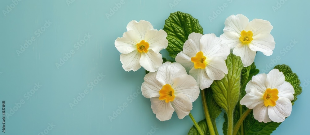 Poster white primroses on pastel background  Flower  Isolated. with copy space image. Place for adding text or design