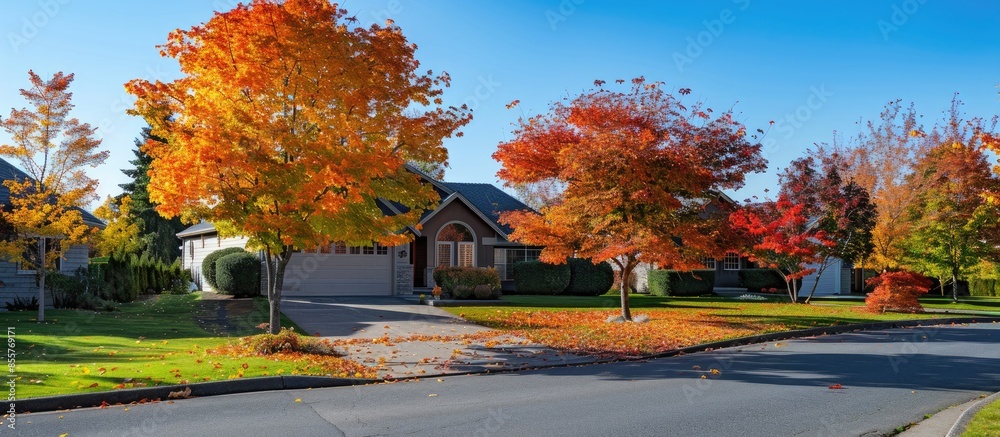Poster autumn colorful trees and in the front yard of house. with copy space image. Place for adding text or design