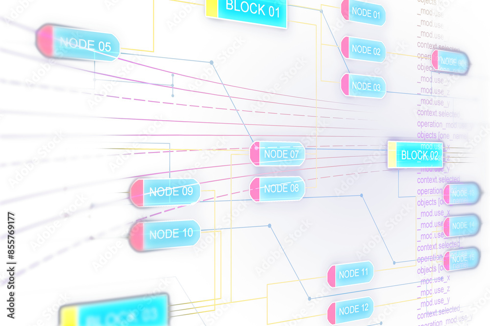 Poster An abstract digital network diagram with interconnected nodes and blocks on a radiant light blue background, symbolizing connectivity and data organization