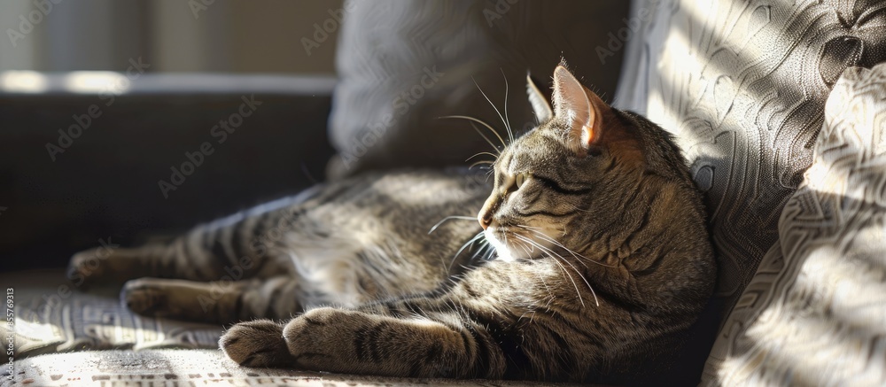 Aufkleber grey tabby cat laing on sofa in sun spot at home closeup. with copy space image. place for adding te