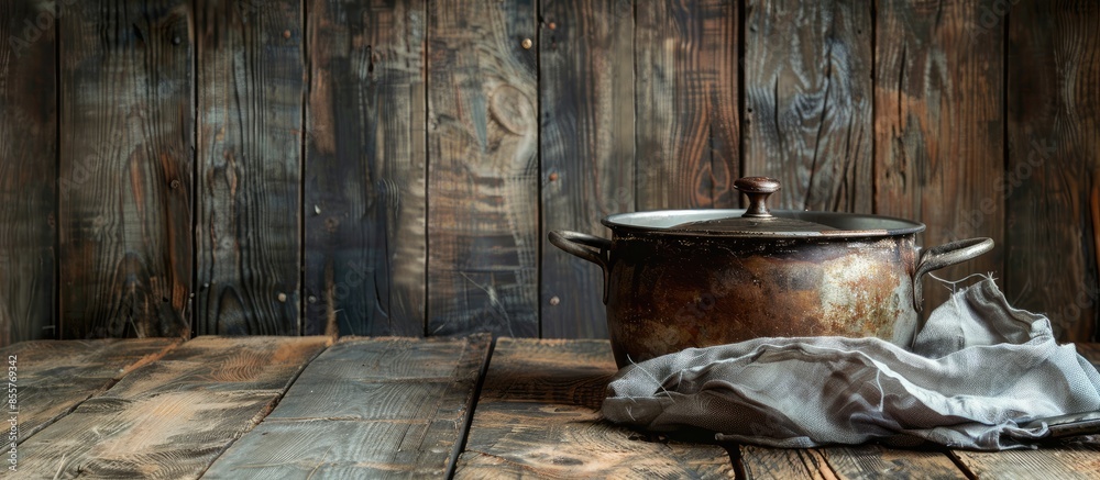 Aufkleber cooking pot on old wooden table. copy space image. place for adding text or design