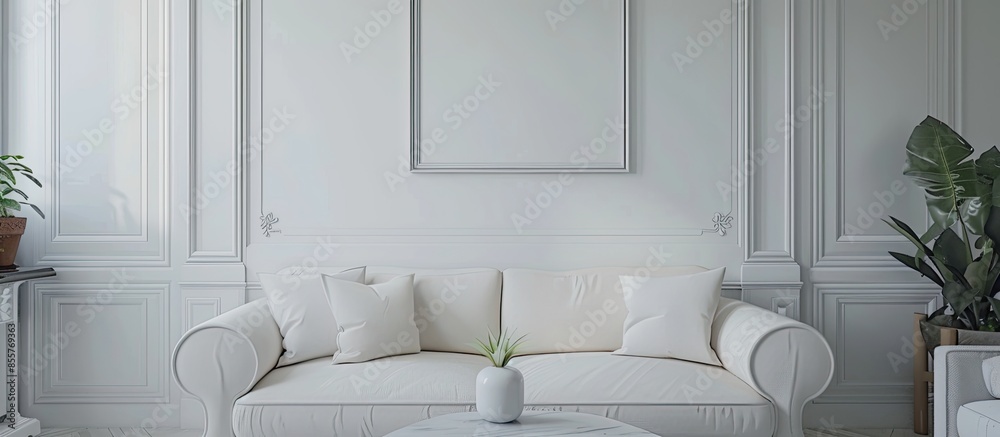 Aufkleber the living room has a white sofa, a marble table and a picture frame on the wall. with copy space im
