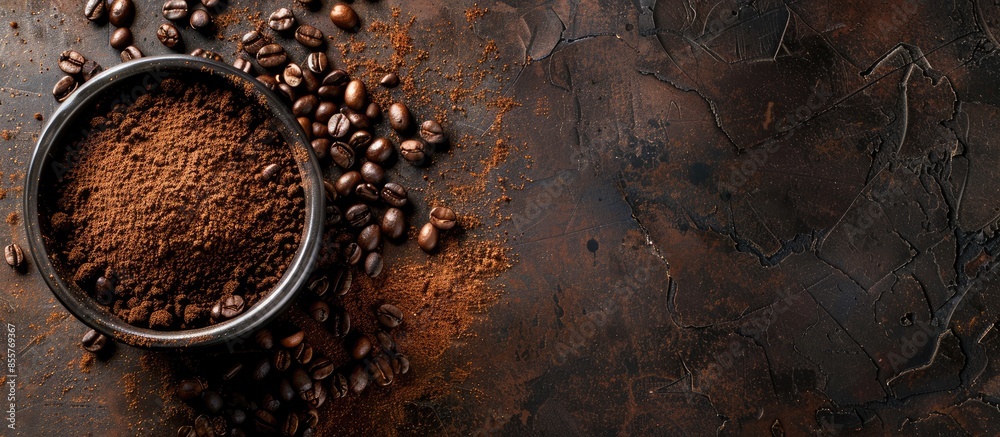 Poster Ground coffee and coffee beans on old cafe table. . with copy space image. Place for adding text or design