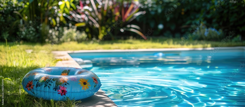Poster inflatable wheel for learning to swim in the garden pool. Copy space image. Place for adding text or design