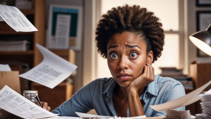 A worried black woman doing financial planning surrounded by lots of paper.