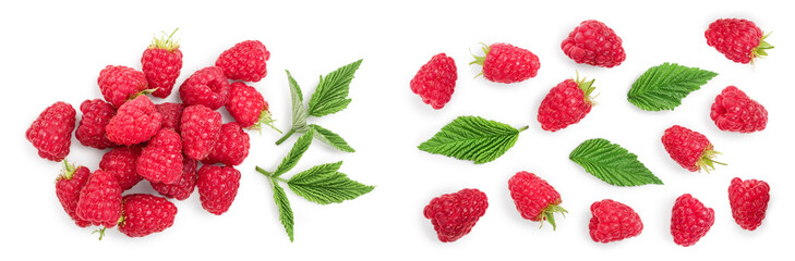 raspberries with leaves isolated on white background. Top view. Flat lay