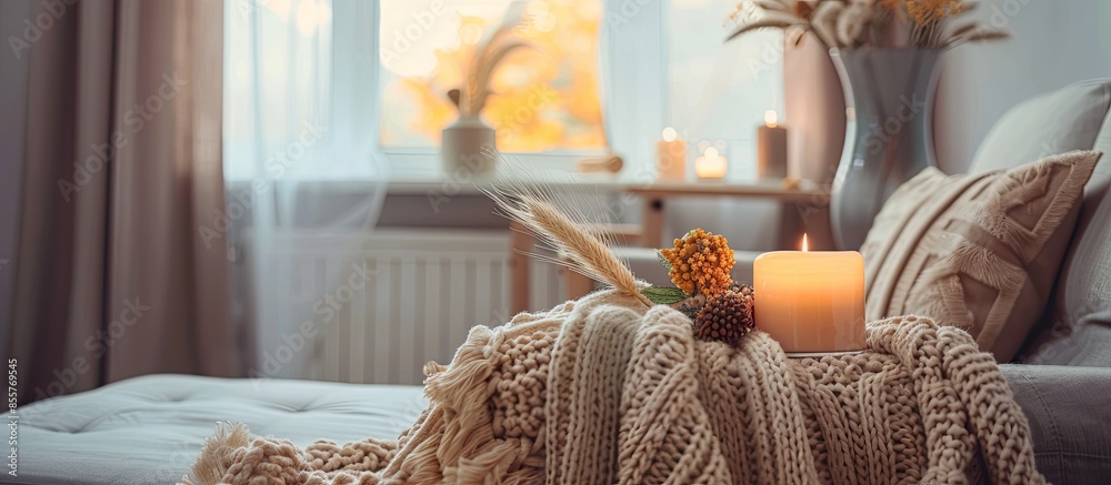 Poster cozy home decorations in the interior. home comfort concept. with copy space image. place for adding