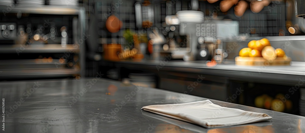 Poster dark interior of kitchen and restaurant with napkin and desk . with copy space image. Place for adding text or design
