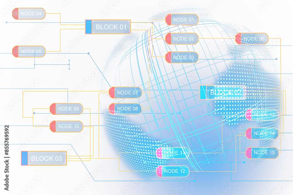 Aufkleber Diagram with interconnected nodes and blocks, digital and network concept on a gradient blue background