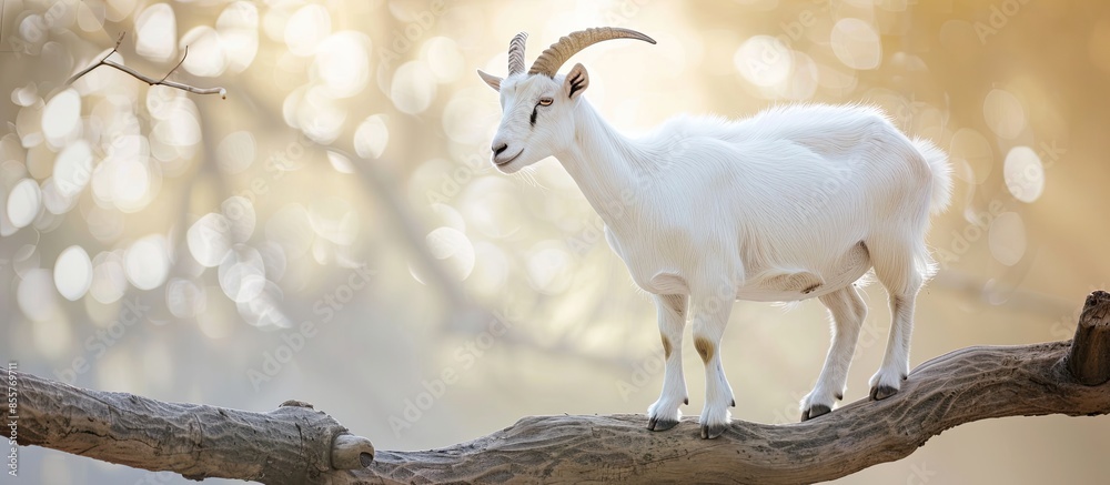 Poster Goat is standing on big branch in the zoo pastel background. with copy space image. Place for adding text or design