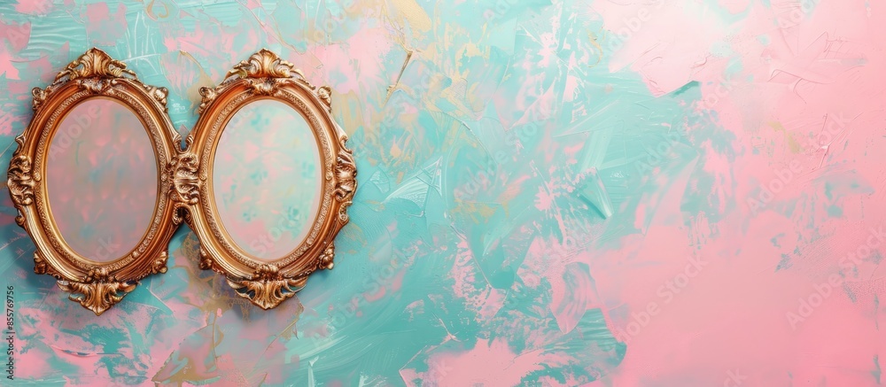Aufkleber Blank golden ornamented picture frame pastel background. with copy space image. Place for adding text or design