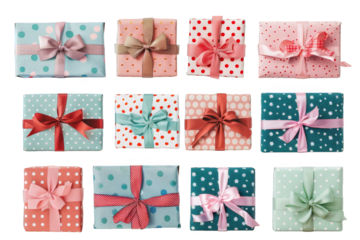 Twelve Polka Dot Gift Boxes isolated on transparent background png
