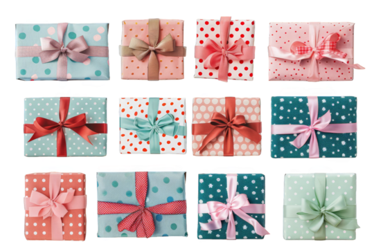 Twelve Polka Dot Gift Boxes isolated on transparent background png