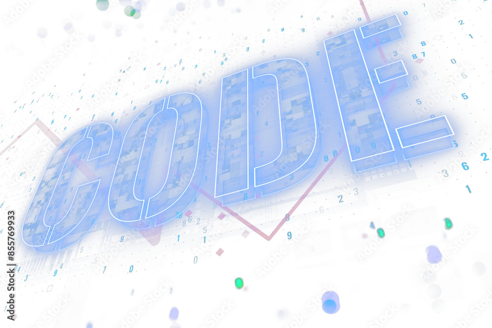 Poster Transparent 3D CODE text overlaying a digital background with various numbers and shapes, signifying code or data concept