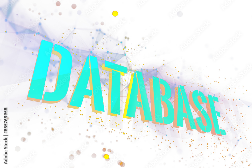 Poster The image depicts the word DATABASE with a network and particle design on a white background, illustrating a technology concept