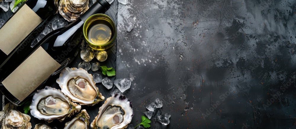 Poster bottle of aged wine and fresh oysters on a dark kitchen table. seafood. top view. flat lay. copy spa