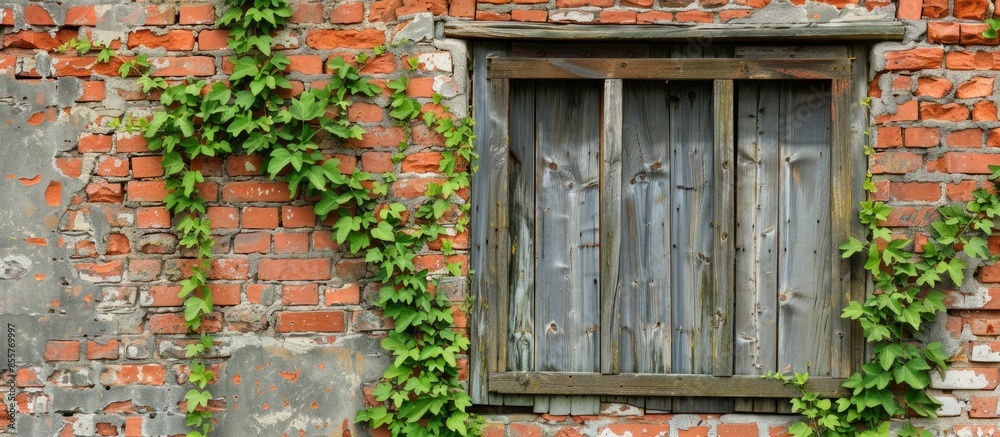 Poster an old wooden window in a brick wall, overgrown with a green plant. with copy space image. place for