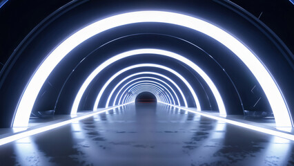 Obraz premium White background 3D room light abstract space technology tunnel stage floor. Empty white future 3D neon background studio futuristic corridor render modern interior silver road black wall design gray