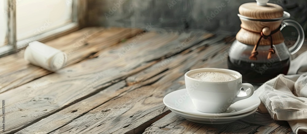 Poster coffee cup or coffee maker on the table , beautiful cafe . with copy space image. Place for adding text or design