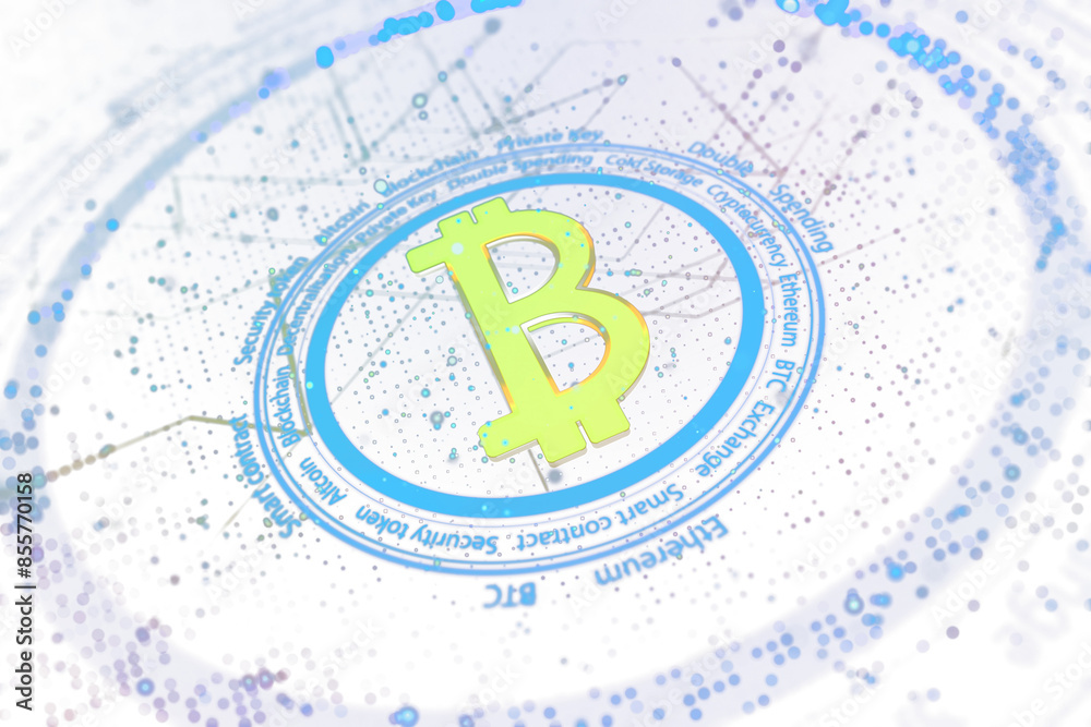 Poster A conceptual Bitcoin symbol with blockchain-related text and graphics depicted in a holographic style on a white and blue background
