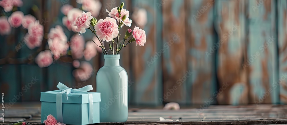 Poster pink carnation flowers in bottle and blue gift box on old wood. with copy space image. place for add