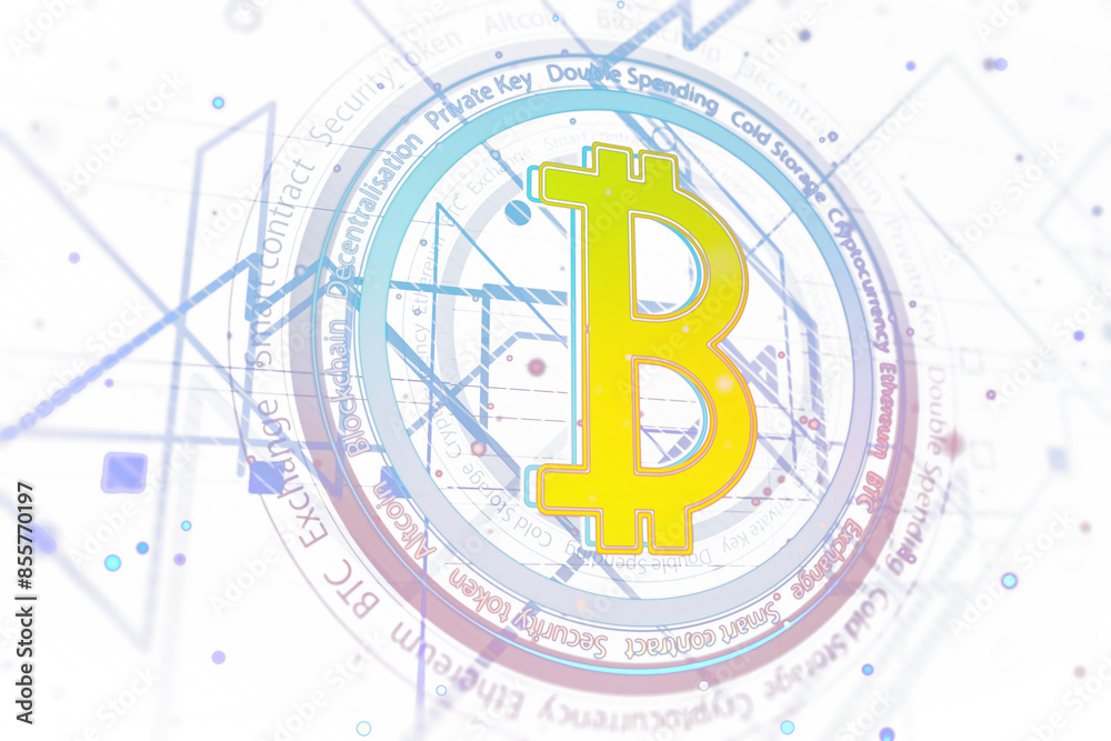 Poster A Bitcoin symbol over a complex, abstract background suggestive of blockchain technology and cryptocurrency concepts