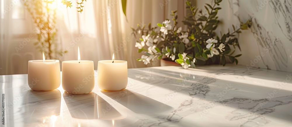 Aufkleber burning candles on white countertop in room. with copy space image. place for adding text or design