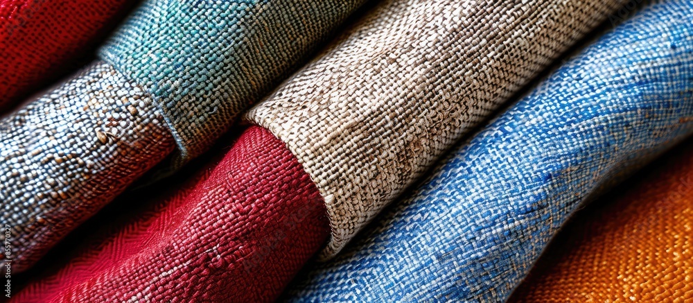 Poster Detailed close up view on fabric and textile surfaces in different colors. with copy space image. Place for adding text or design