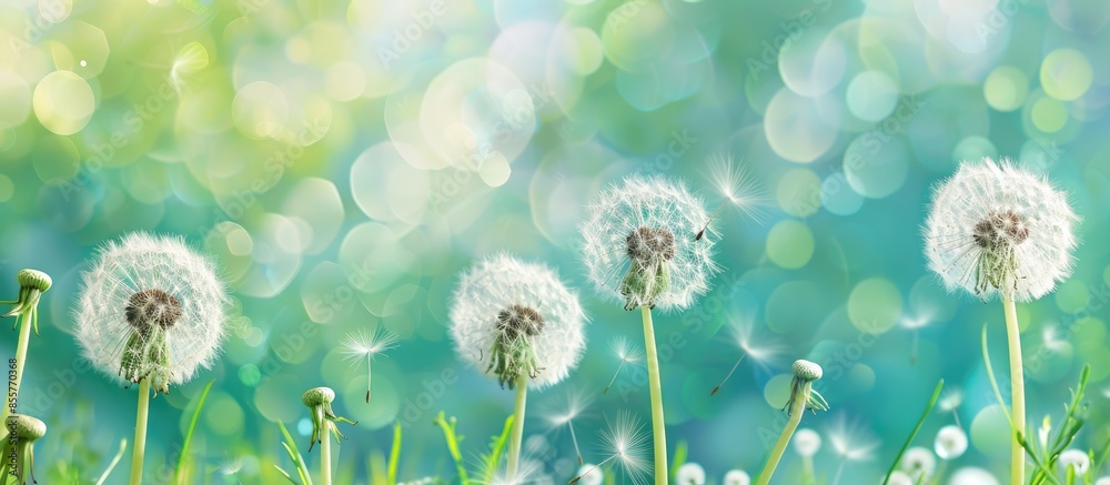 Poster Dandelion flowers in the fresh green grass. pastel background. with copy space image. Place for adding text or design