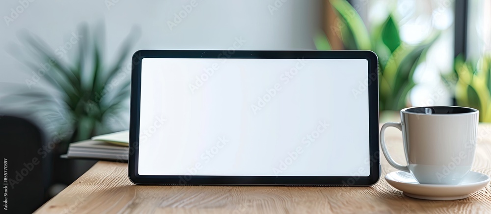 Aufkleber Tablet blank white screen of placed on table office . Mock up. with copy space image. Place for adding text or design