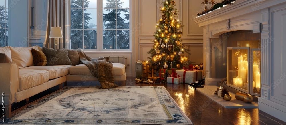 Poster cozy christmas interior of living room with beautiful fir tree. with copy space image. place for add