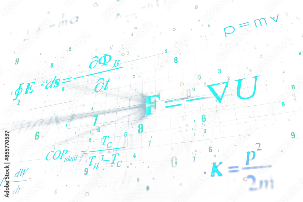 Poster Mathematical equations overlay on a transparent grid, with a light, clean design on a white background, concept of science and education