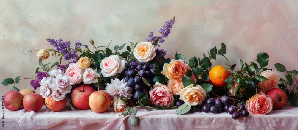 Poster Still life with asters and roses bunch with fruits Isolated on pastel background. with copy space image. Place for adding text or design