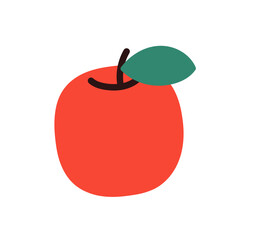 Fresh apple and leaves, natural organic snack, healthy vitamin food, whole ripe fruit with stem, natural ripe eating food, garden fruit flat vector illustration.
